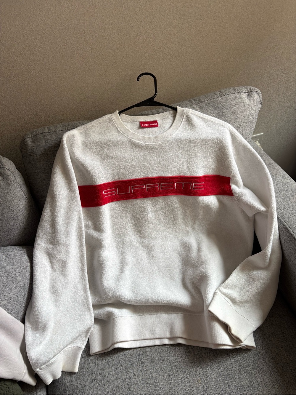 Supreme White Crewneck with Red Chest Stripe Logo